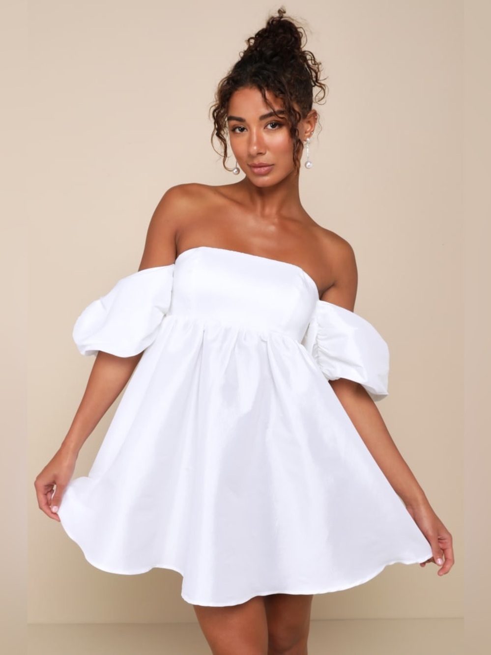 Lulus Sweet Vision White Taffeta Off-the-Shoulder Babydoll Mini Dress Medium